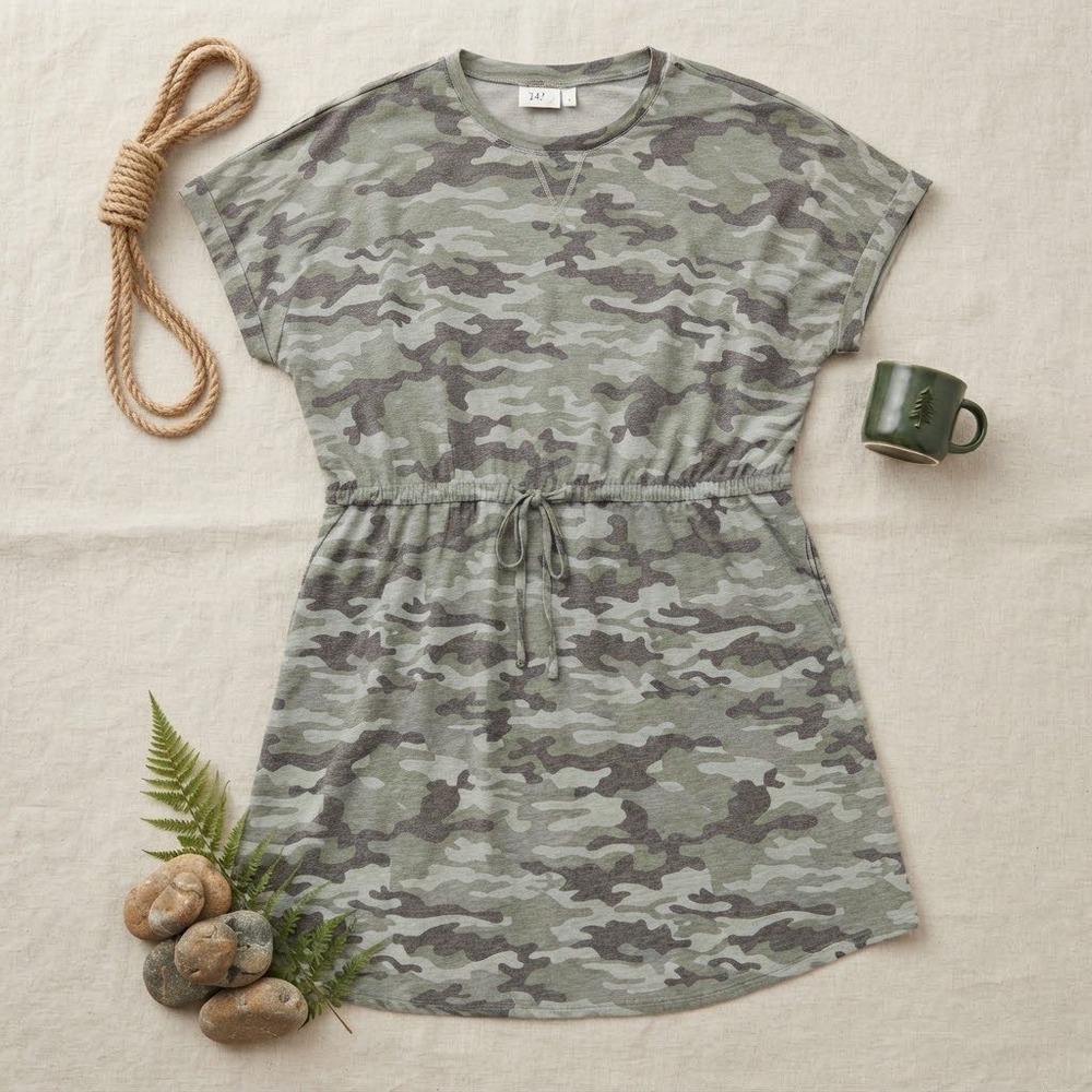 24/7 by Maurices Womens 3X Camo Drawstring Waist T-Shirt Dress Green Plus Size